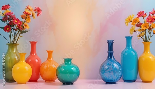 Colorful Vases with Bright Gerber Daisies Arranged Artfully