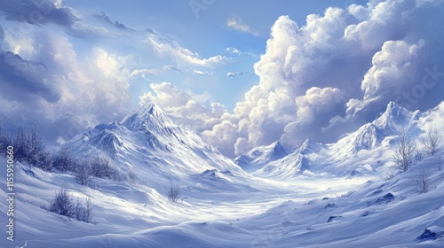 Majestic snow-covered mountains under stormy clouds with dramatic winter landscape views. photo