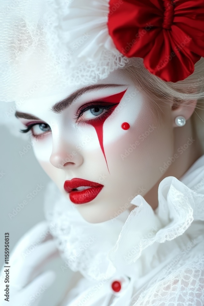 A woman dressed as a clown with a red flower in her hair A woman dressed as a clown with a red flower in her hair