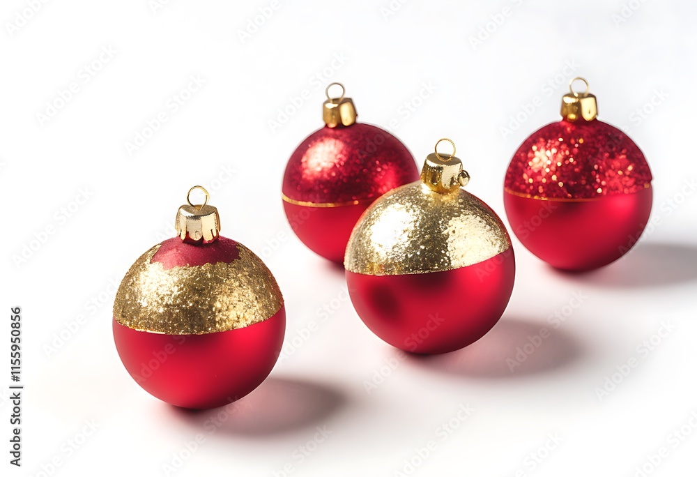 Festive Christmas Ornaments: Red and Gold Half-Sphere Balls. Close-up of four Christmas ornaments each a sphere with a half-red half-gold design Festive Christmas Ornaments: Red and Gold Half-Sphere Balls. Close-up of four Christmas ornaments each a sphere with a half-red half-gold design