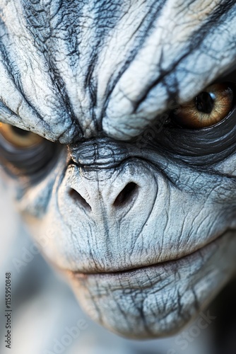  A close up of a gorilla's face with yellow eyes photo