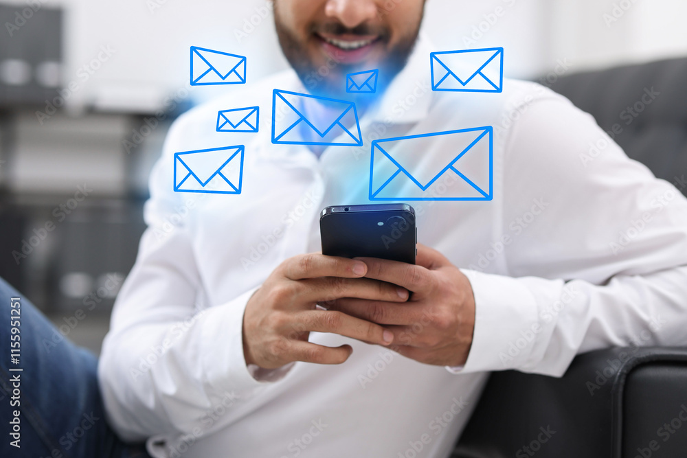 Man using mobile phone indoors, closeup. New message notification near device. Illustration of envelope Man using mobile phone indoors, closeup. New message notification near device. Illustration of envelope