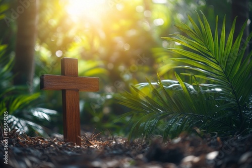 Wooden cross surrounded by lush greenery in a sunlit forest