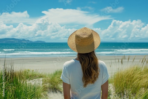 Woman wearing straw hat enjoys serene beach view with ocean waves under clear...