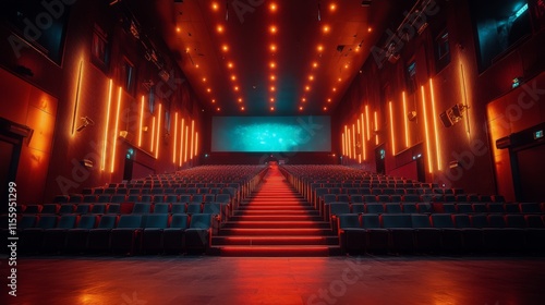 Vibrant cinema interior with colorful lighting and empty seats at night