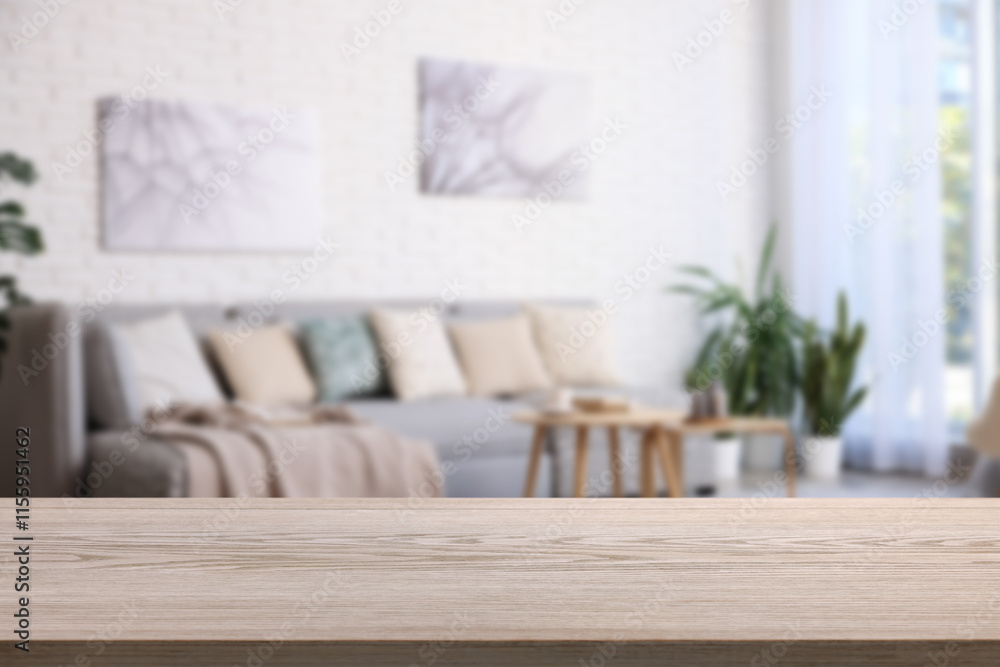 Empty wooden table in beautiful living room. Space for design Empty wooden table in beautiful living room. Space for design