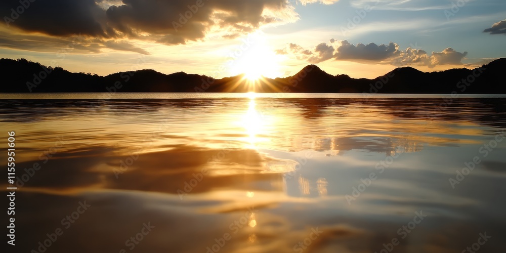 Fototapeta premium A sunset over a body of water with mountains in the background
