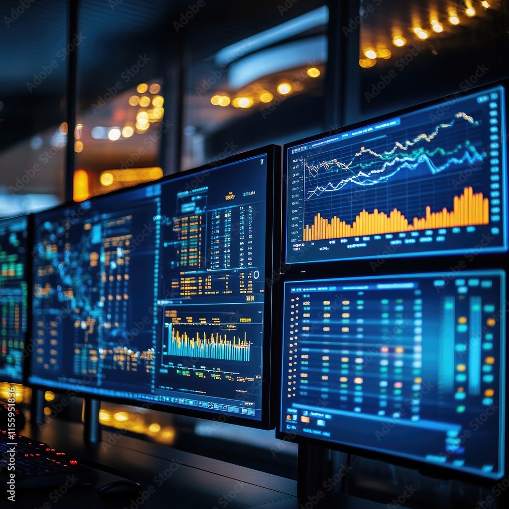 A workspace with multiple monitors displaying financial data and analytics. A workspace with multiple monitors displaying financial data and analytics.