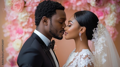 Couple sharing an intimate moment during their wedding ceremony amid floral d...