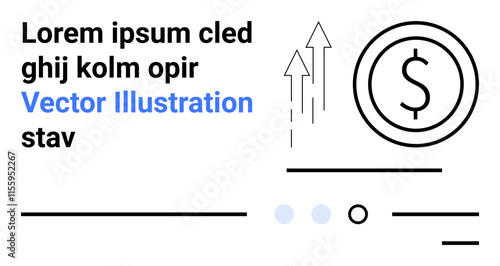 Dollar sign, upward arrows, horizontal lines, and text. Ideal for business, financial growth, economics, investment, marketing, data analysis, presentations. Landing page