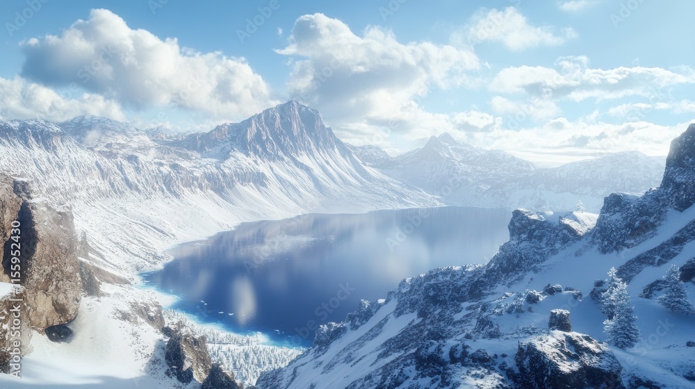Crater Lake in the winter with snow covered mountains in the background Crater Lake in the winter with snow covered mountains in the background