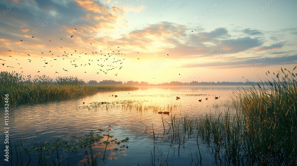 Sunrise over calm lake with birds in flight and reeds. Sunrise over calm lake with birds in flight and reeds.