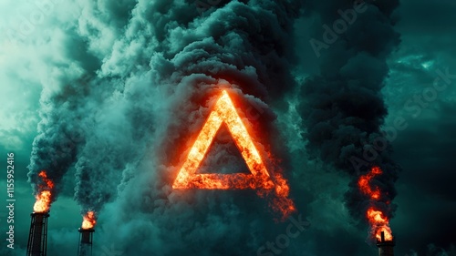 A dramatic scene featuring a fiery triangle emerging from dark smoke, symbolizing industrial pollution and environmental crisis. photo