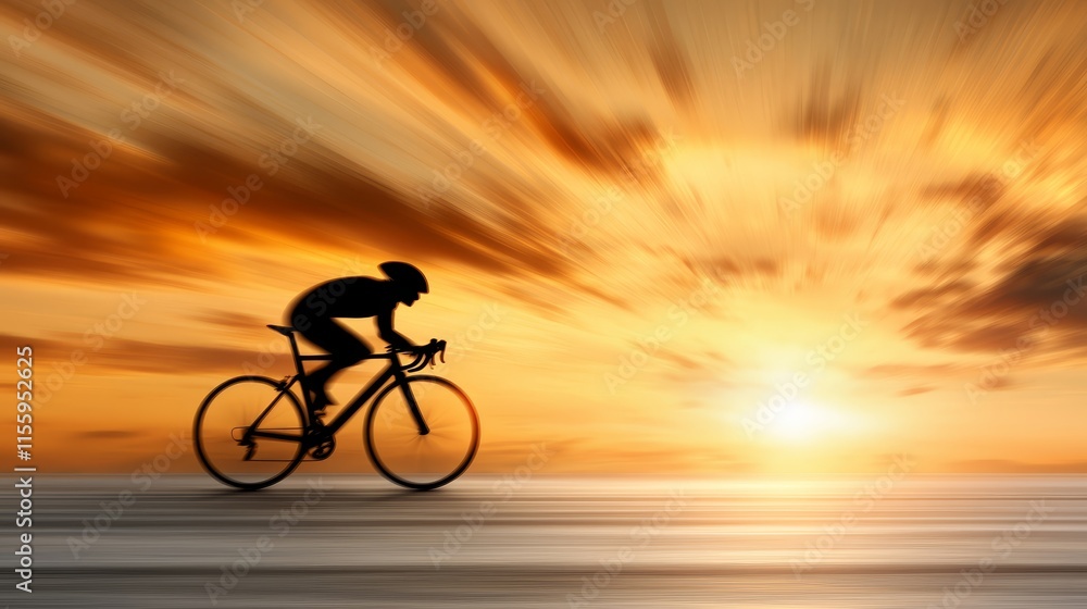 Fototapeta premium A man riding a bike on a road at sunset