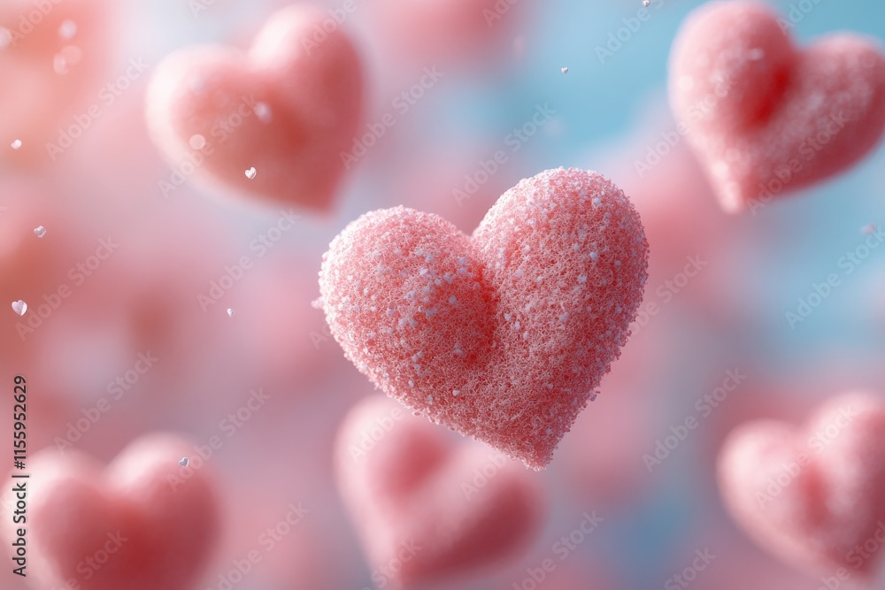 Obraz premium Colorful pink heart-shaped candies floating on a soft blue background, evoking a sweet and playful atmosphere