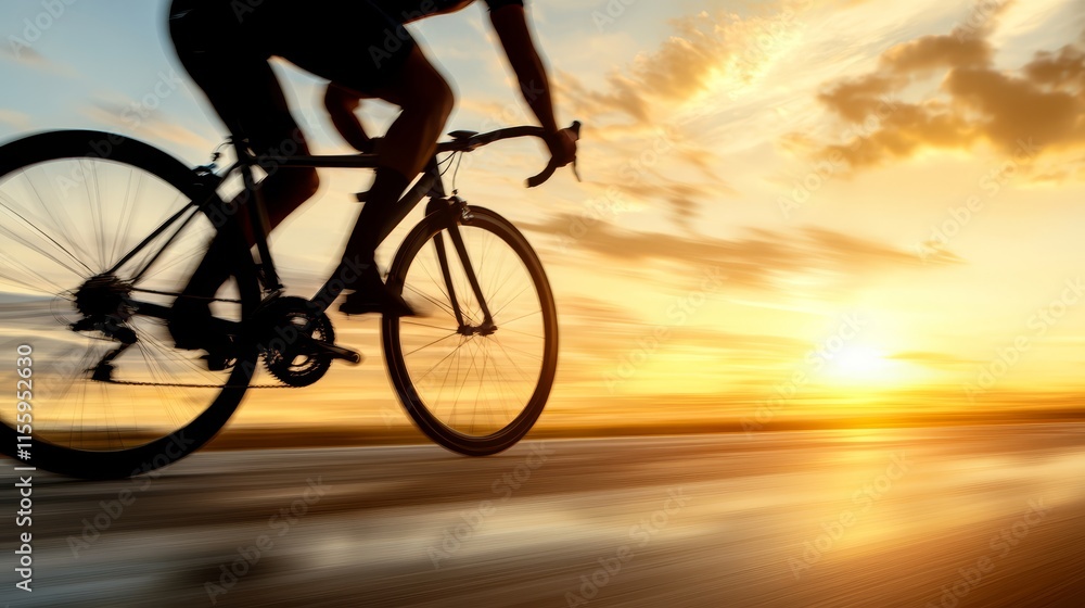 Obraz premium A man riding a bike on a road at sunset