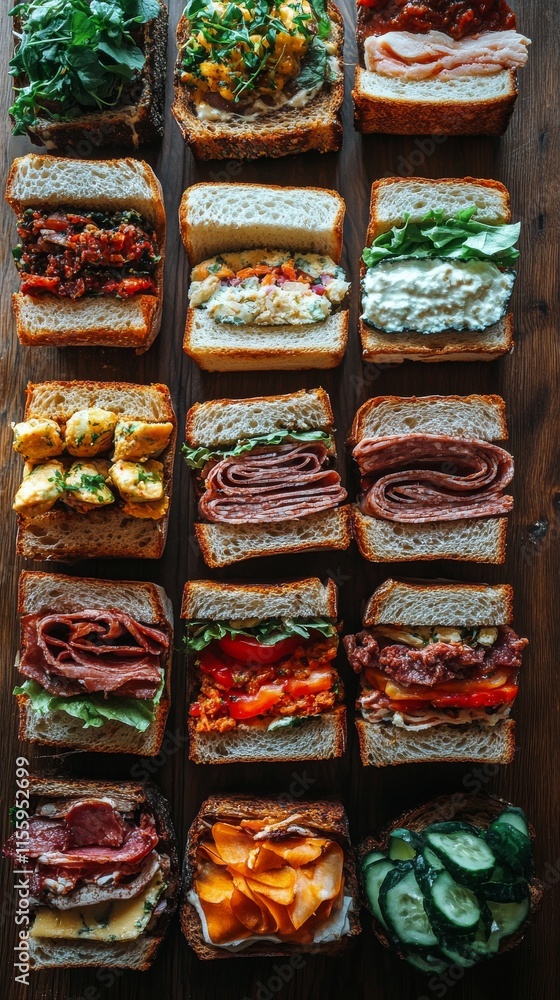 Delicious assortment of gourmet sandwiches displayed on a rustic wooden table Delicious assortment of gourmet sandwiches displayed on a rustic wooden table