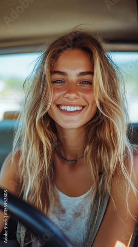 Smiling young woman with curly hair in a yellow tank top seated in a car duri...