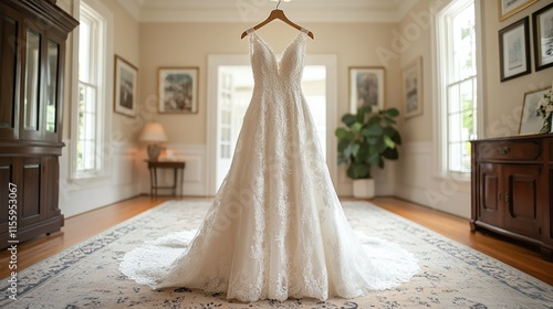 Beautiful wedding dresses displayed in soft natural light in a cozy boutique ...