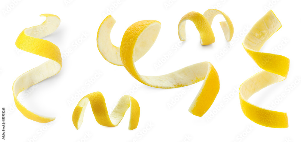 Fresh lemon peels isolated on white, collage Fresh lemon peels isolated on white, collage