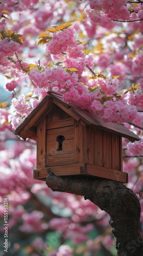 Colorful birdhouse nestled among blooming cherry blossom trees in early spring