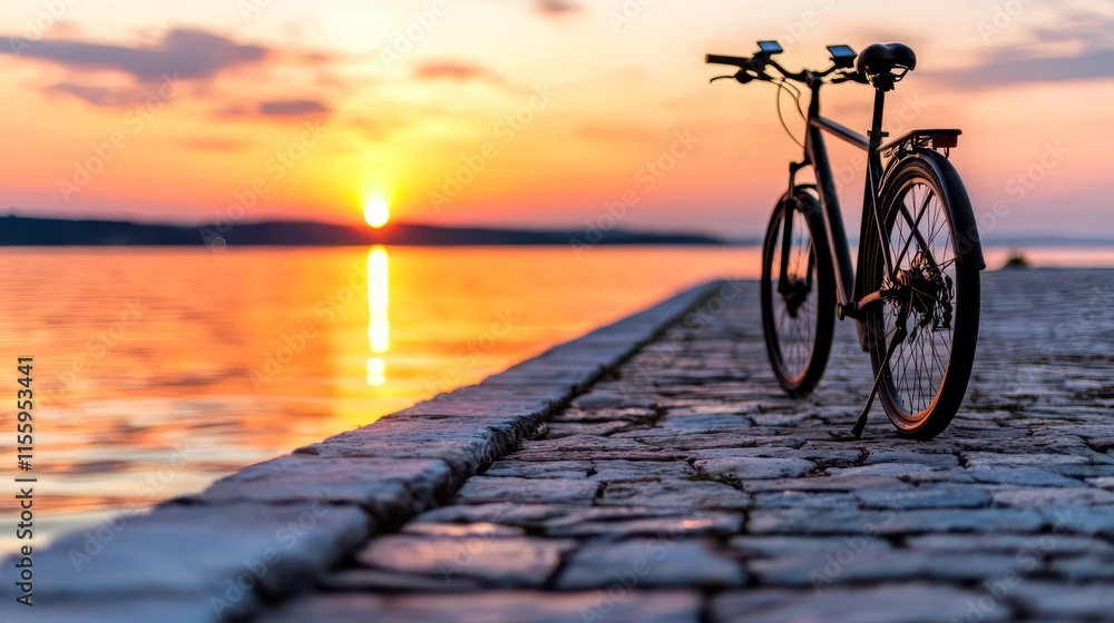 Fototapeta premium A bicycle is parked on the edge of a pier at sunset
