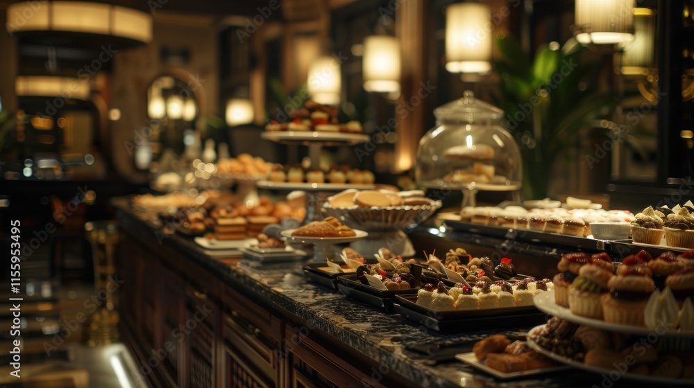A Luxurious Dessert Buffet: A delectable array of pastries, cakes, and sweets displayed on elegant tiered stands and platters in a sophisticated setting. A Luxurious Dessert Buffet: A delectable array of pastries, cakes, and sweets displayed on elegant tiered stands and platters in a sophisticated setting.