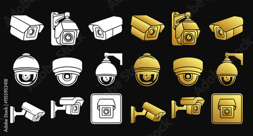 Modern CCTV surveillance icons in black and gold.