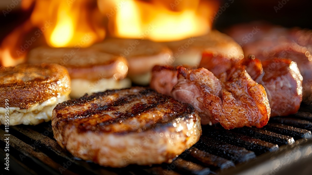 A close up of hamburgers and bacon cooking on a grill A close up of hamburgers and bacon cooking on a grill