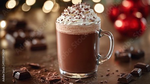 Warm cup of chocolate beverage topped with whipped cream and chocolate shavin...