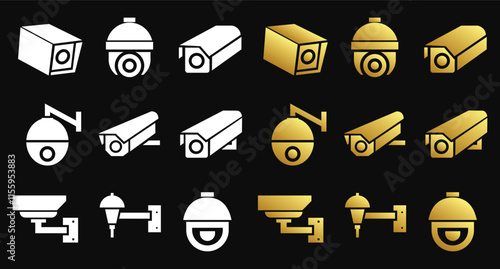 Modern CCTV surveillance icons in black and gold.