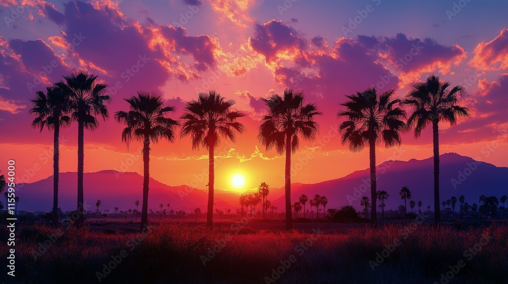 Obraz premium Sunset over mountains and palm trees creating a serene tropical landscape at dusk