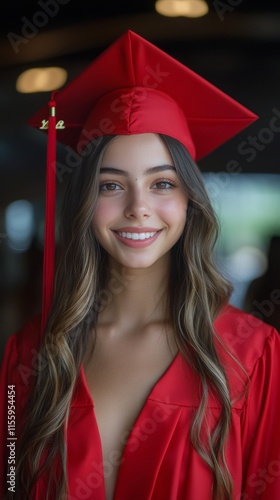 Bright smile of a graduate in red cap and gown celebrating achievement outdoors