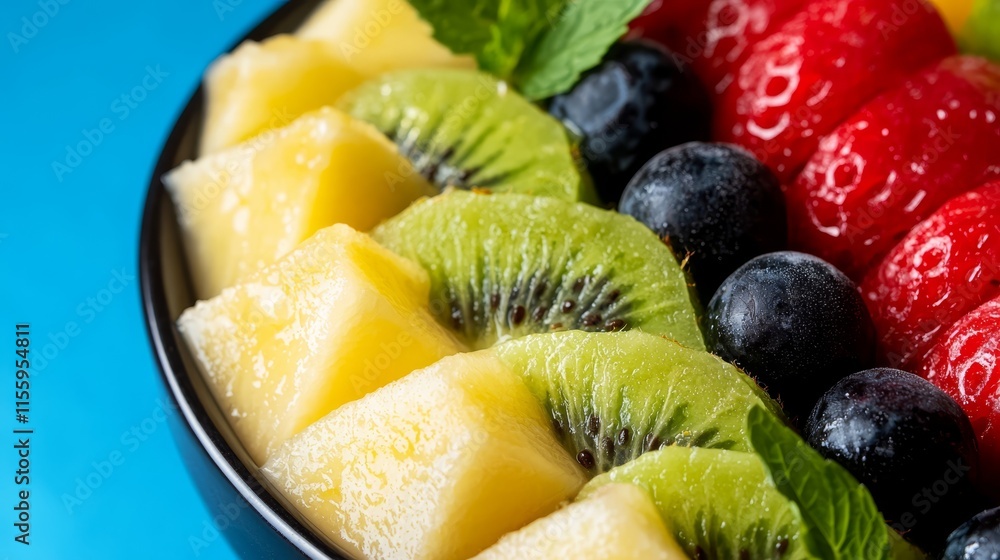 A bowl of fresh fruit on a blue background A bowl of fresh fruit on a blue background