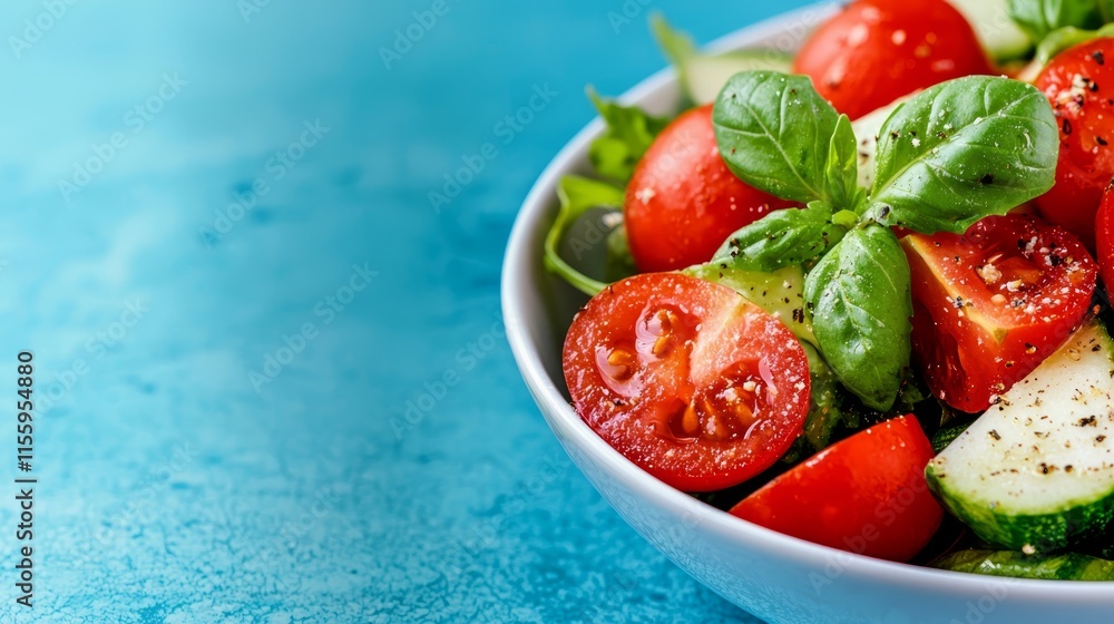 A white bowl filled with a salad of tomatoes, cucumbers and basil A white bowl filled with a salad of tomatoes, cucumbers and basil
