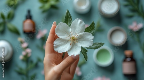 Arranging natural ingredients and floral elements for skin care exploration