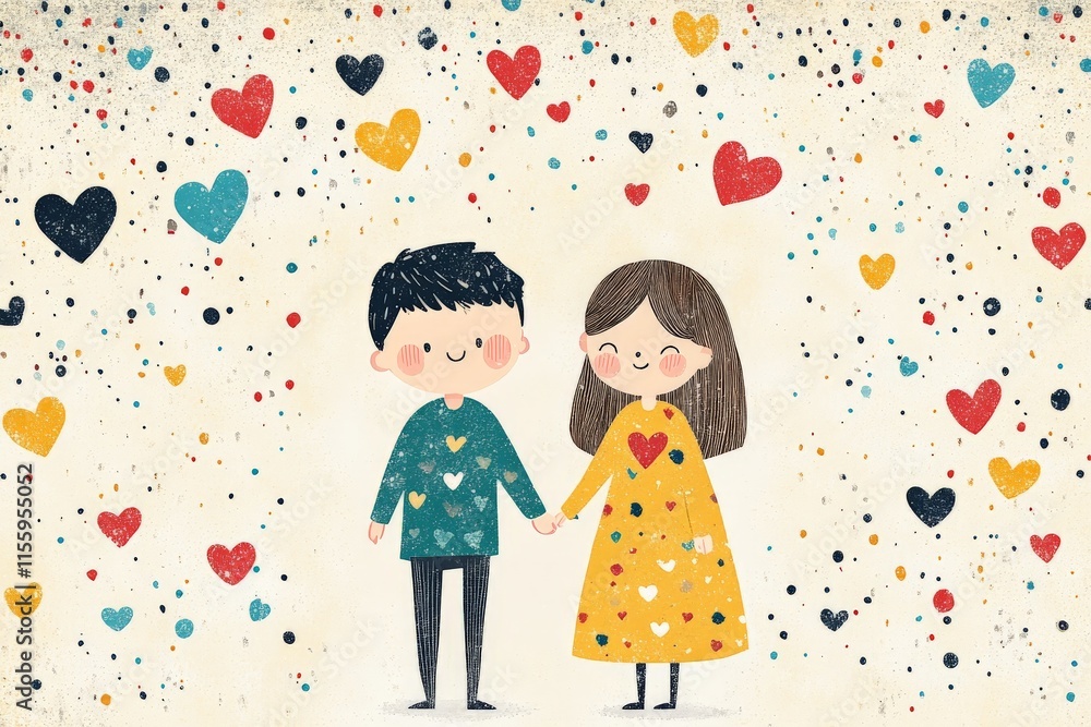 Cute couple holding hands surrounded by colorful hearts in a whimsical illustration Cute couple holding hands surrounded by colorful hearts in a whimsical illustration