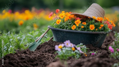 Yellow flowers flourish in a garden wheelbarrow beside freshly turned soil