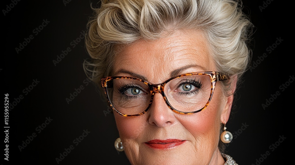 A close up of a woman wearing glasses and a necklace A close up of a woman wearing glasses and a necklace