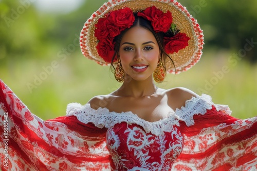 Colorful traditional attire worn by a woman with floral accessories in a sere...