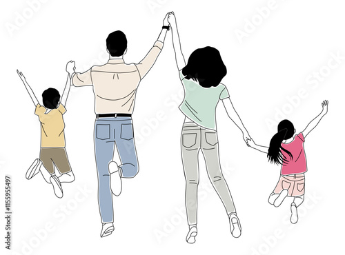 Family with father, mother, son and daughter jumping in the air holding hands rear view. Vector hand drawn sketch style outline illustration isolated on transparent background