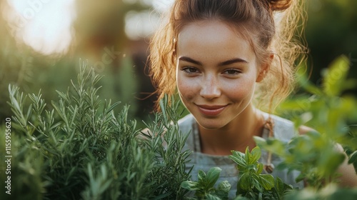 Young woman gardening in a lush green herb garden during sunlight