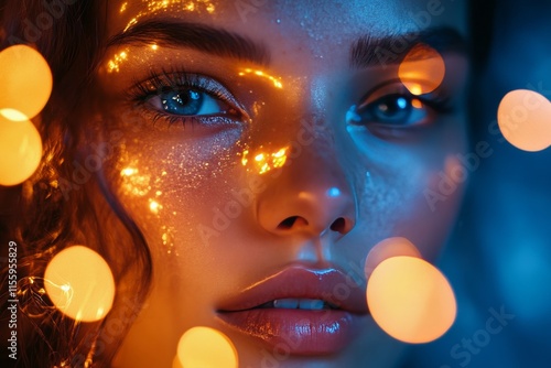 Close-up portrait capturing sunlight patterns on a young womans face with str...