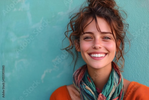 Cheerful woman smiling warmly at camera while wearing a colorful scarf during...