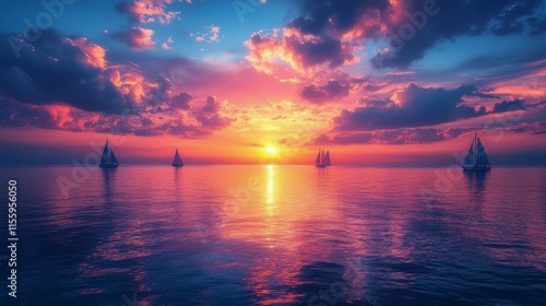 Stunning sunset with multiple sailboats on calm water creating a peaceful atm...