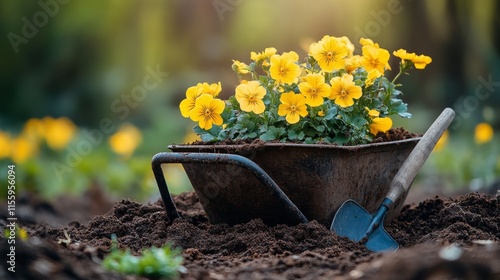 Yellow flowers flourish in a garden wheelbarrow beside freshly turned soil