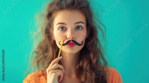 Portrait of her she nice attractive lovely funky girlish wavy-haired girl creating notes holding pencil like mustache isolated over bright vivid shine vibrant green blue turquoise color background photo