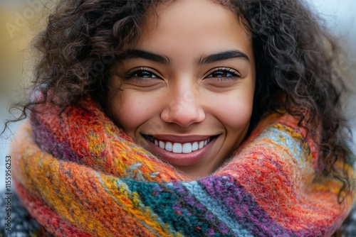 Cheerful woman smiling warmly at camera while wearing a colorful scarf during...