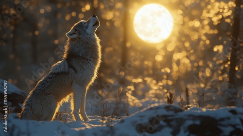 Wolf howling at a bright full moon in a dense forest at twilight