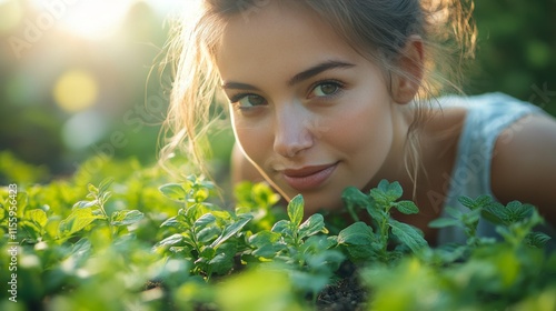 Young woman gardening in a lush green herb garden during sunlight
